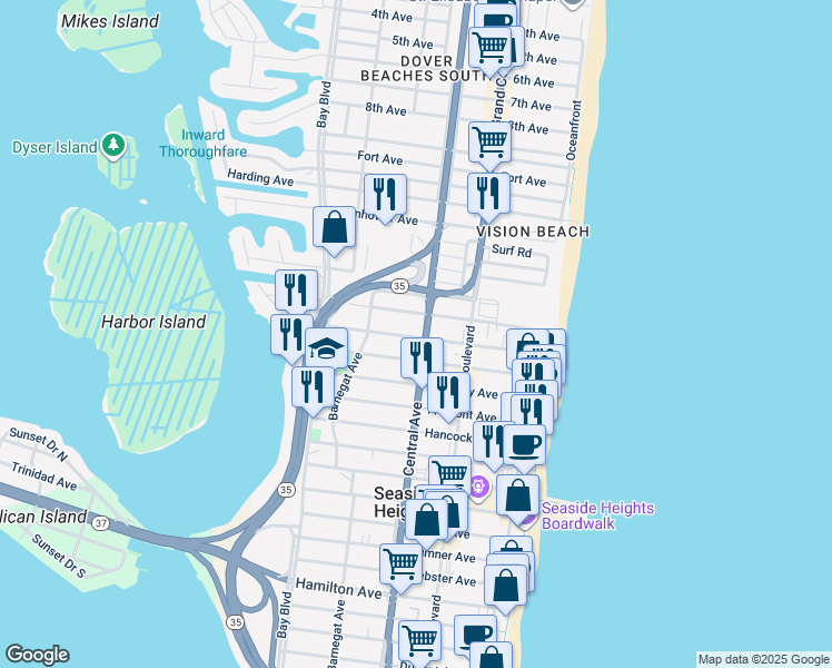 map of restaurants, bars, coffee shops, grocery stores, and more near 1501-1515 West Central Avenue in Seaside Heights