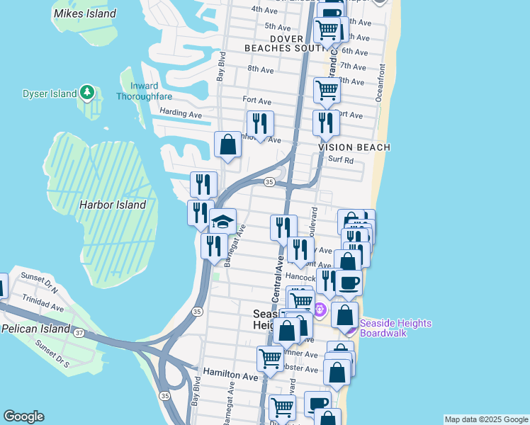 map of restaurants, bars, coffee shops, grocery stores, and more near 234 Sampson Avenue in Seaside Heights