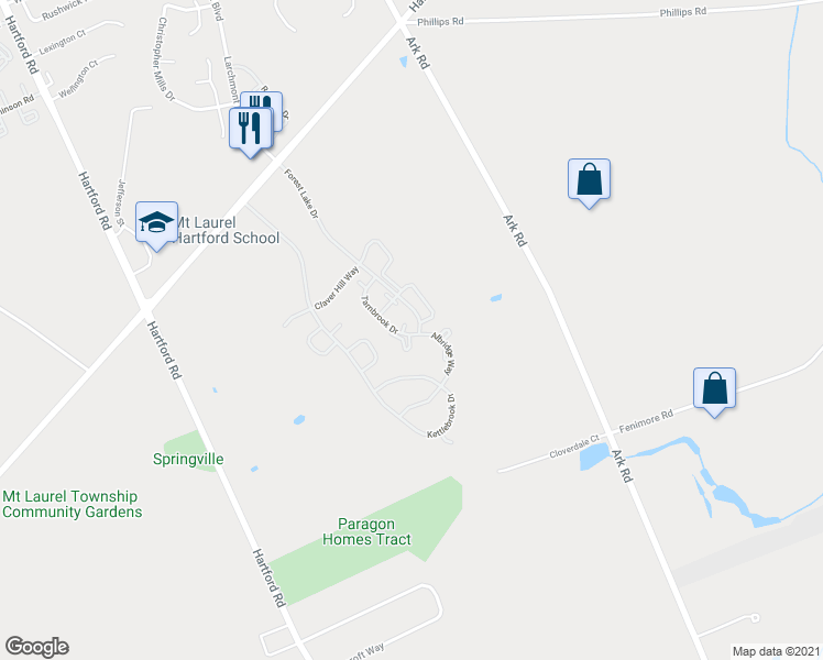 map of restaurants, bars, coffee shops, grocery stores, and more near 3908B Tarnbrook Drive in Mount Laurel Township