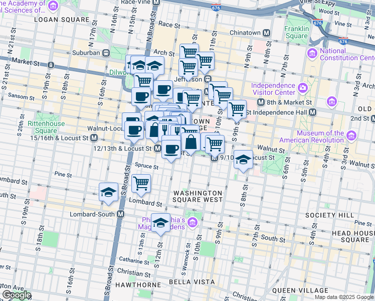 map of restaurants, bars, coffee shops, grocery stores, and more near 1111 Locust Street in Philadelphia