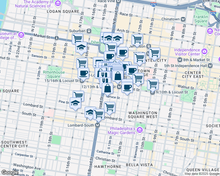 map of restaurants, bars, coffee shops, grocery stores, and more near 1324 Locust Street in Philadelphia