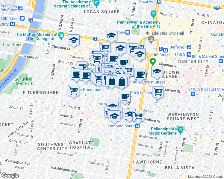 map of restaurants, bars, coffee shops, grocery stores, and more near 263 South 17th Street in Philadelphia