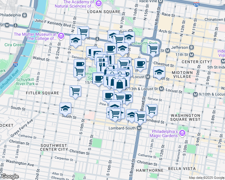 map of restaurants, bars, coffee shops, grocery stores, and more near 263 South 17th Street in Philadelphia