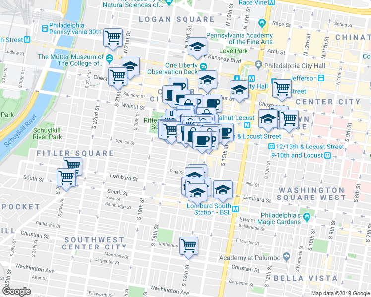 map of restaurants, bars, coffee shops, grocery stores, and more near 263 South 17th Street in Philadelphia