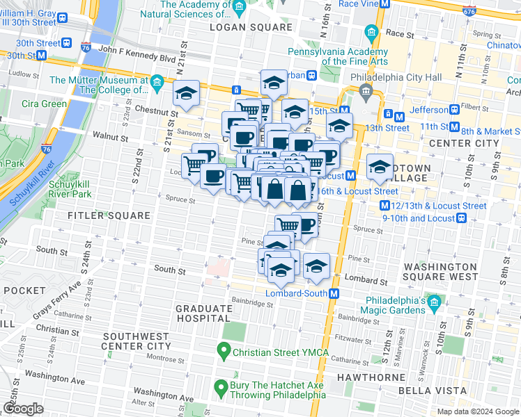 map of restaurants, bars, coffee shops, grocery stores, and more near 263 South 17th Street in Philadelphia