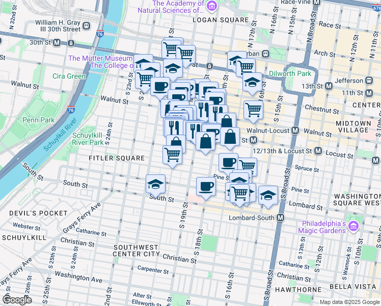 map of restaurants, bars, coffee shops, grocery stores, and more near in Philadelphia