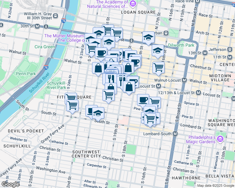 map of restaurants, bars, coffee shops, grocery stores, and more near 1928 Spruce Street in Philadelphia