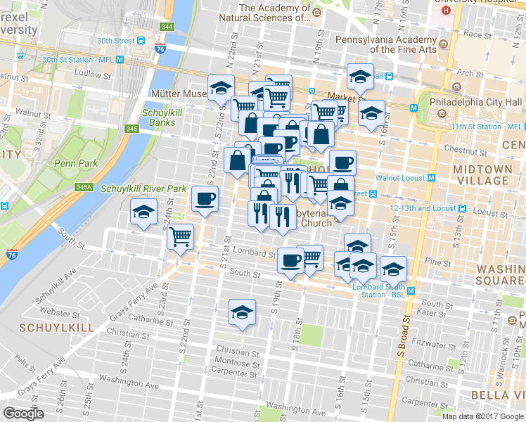 map of restaurants, bars, coffee shops, grocery stores, and more near 1928 Spruce Street in Philadelphia