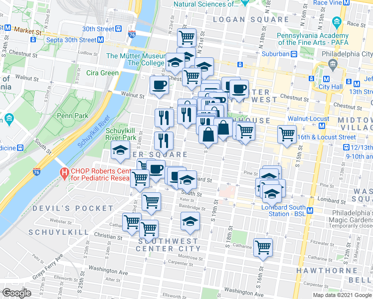 map of restaurants, bars, coffee shops, grocery stores, and more near 2023 Cypress Street in Philadelphia