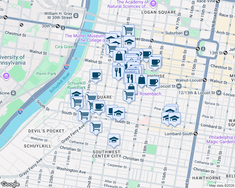map of restaurants, bars, coffee shops, grocery stores, and more near 2023 Cypress Street in Philadelphia