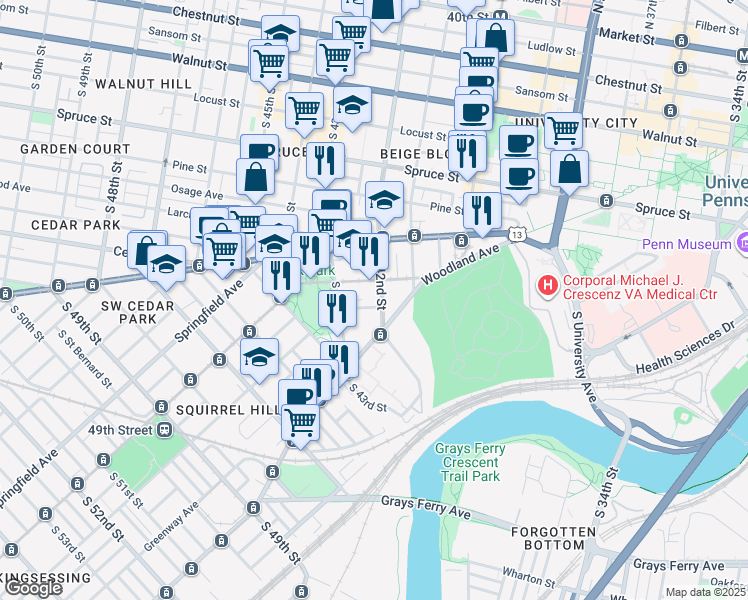 map of restaurants, bars, coffee shops, grocery stores, and more near in Philadelphia