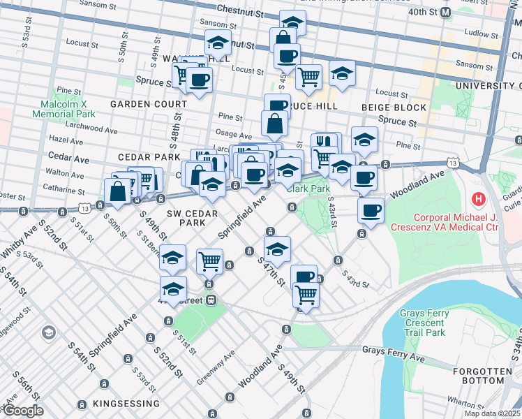 map of restaurants, bars, coffee shops, grocery stores, and more near 4500 Springfield Avenue in Philadelphia