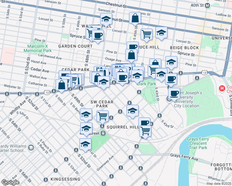 map of restaurants, bars, coffee shops, grocery stores, and more near 924 South 46th Street in Philadelphia