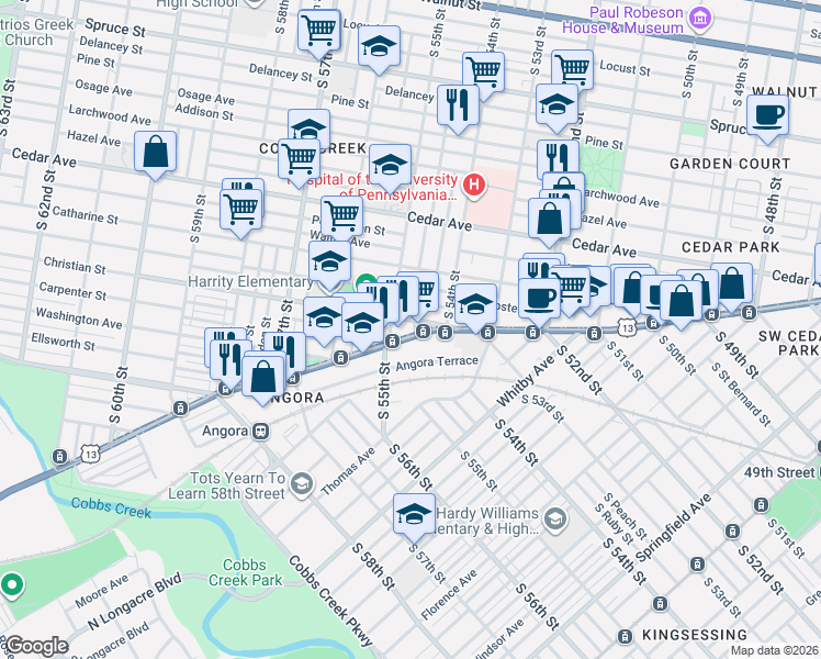 map of restaurants, bars, coffee shops, grocery stores, and more near 5417 Baltimore Avenue in Philadelphia