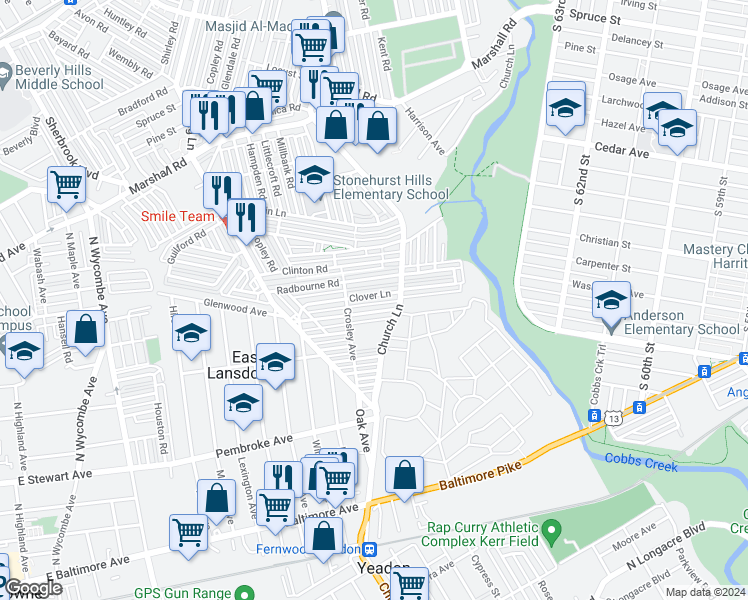 map of restaurants, bars, coffee shops, grocery stores, and more near 7061 Clover Lane in Delaware County