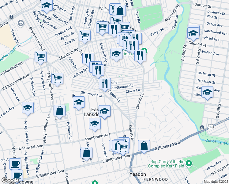 map of restaurants, bars, coffee shops, grocery stores, and more near 7157 Clover Lane in Upper Darby