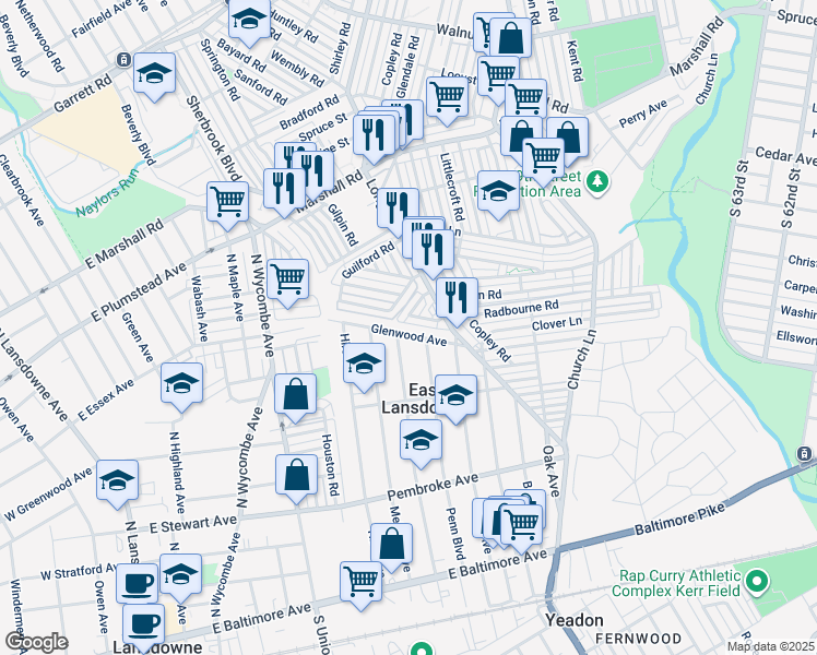 map of restaurants, bars, coffee shops, grocery stores, and more near 609 Glenwood Avenue in Lansdowne
