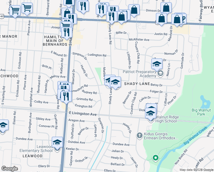 map of restaurants, bars, coffee shops, grocery stores, and more near 4657 Amesbury Road in Columbus
