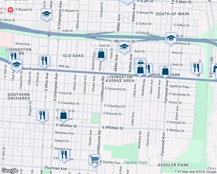map of restaurants, bars, coffee shops, grocery stores, and more near 892 Miller Avenue in Columbus