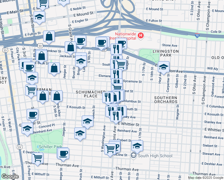 map of restaurants, bars, coffee shops, grocery stores, and more near 775 Parsons Avenue in Columbus