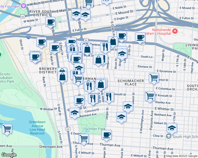 map of restaurants, bars, coffee shops, grocery stores, and more near 725 South 5th Street in Columbus
