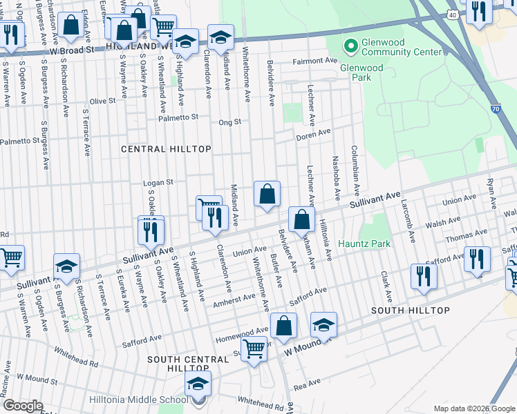 map of restaurants, bars, coffee shops, grocery stores, and more near 375 Whitethorne Avenue in Columbus