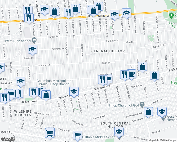 map of restaurants, bars, coffee shops, grocery stores, and more near 361 South Eureka Avenue in Columbus