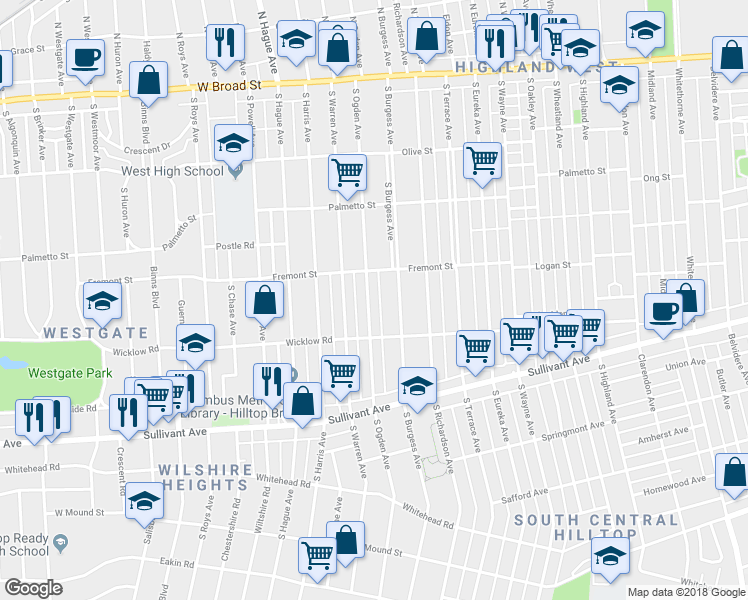 map of restaurants, bars, coffee shops, grocery stores, and more near 342 South Ogden Avenue in Columbus