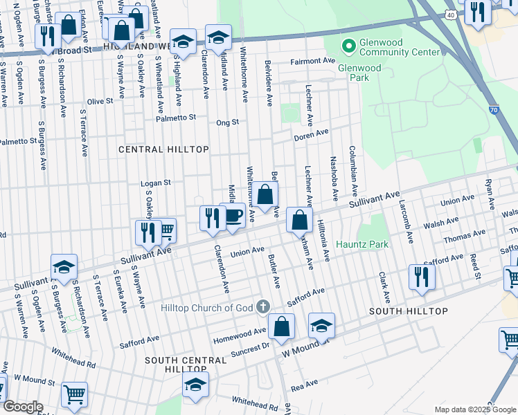 map of restaurants, bars, coffee shops, grocery stores, and more near 373 Belvidere Avenue in Columbus