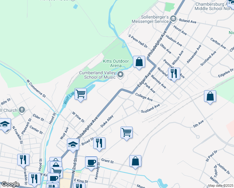 map of restaurants, bars, coffee shops, grocery stores, and more near 1015 Philadelphia Avenue in Chambersburg