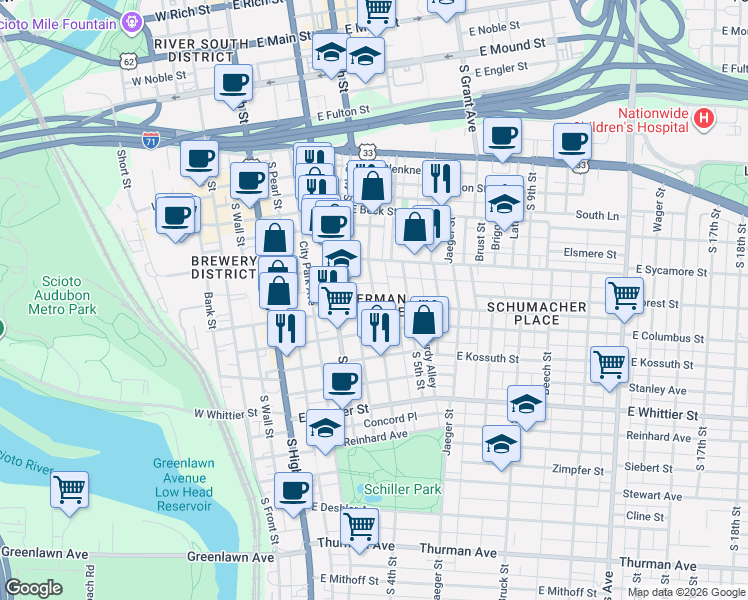 map of restaurants, bars, coffee shops, grocery stores, and more near 719 Mohawk Street in Columbus