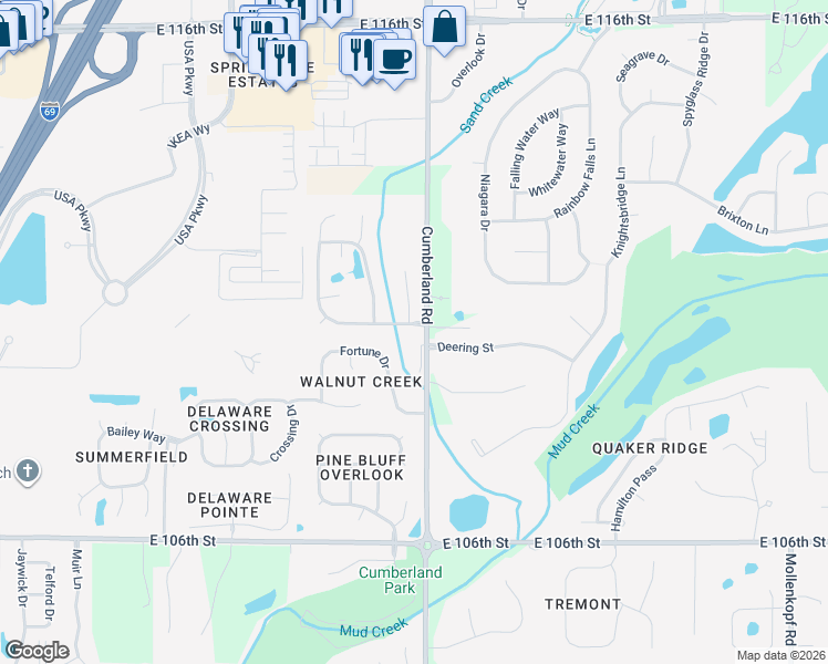 map of restaurants, bars, coffee shops, grocery stores, and more near 9785 Valley Springs Boulevard in Fishers