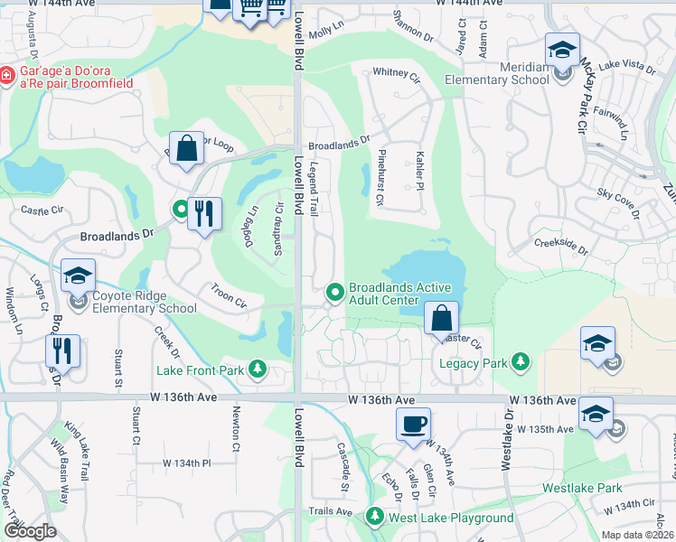 map of restaurants, bars, coffee shops, grocery stores, and more near 13742 Legend Way in Broomfield