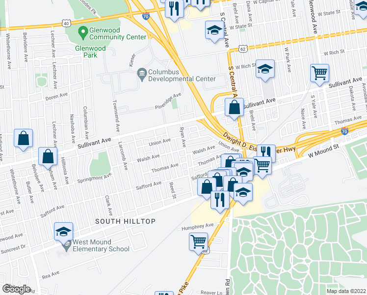 map of restaurants, bars, coffee shops, grocery stores, and more near 457 Ryan Avenue in Columbus