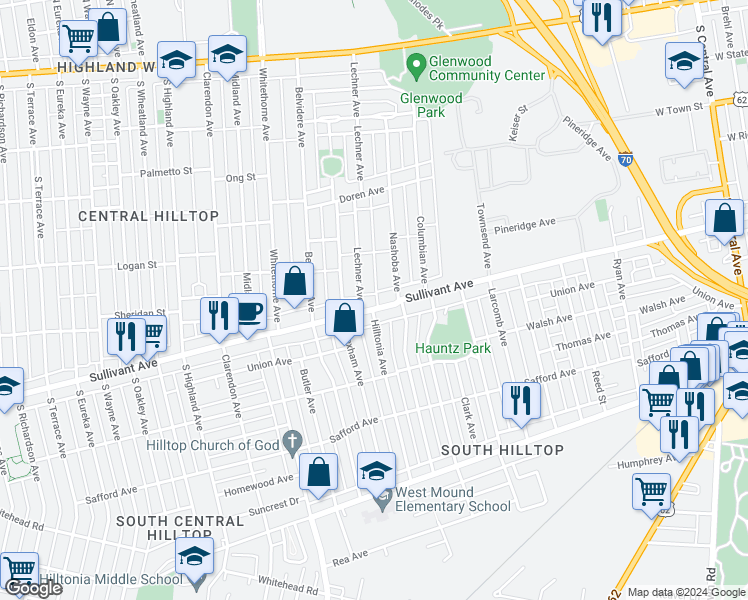 map of restaurants, bars, coffee shops, grocery stores, and more near 1976 Sullivant Avenue in Columbus