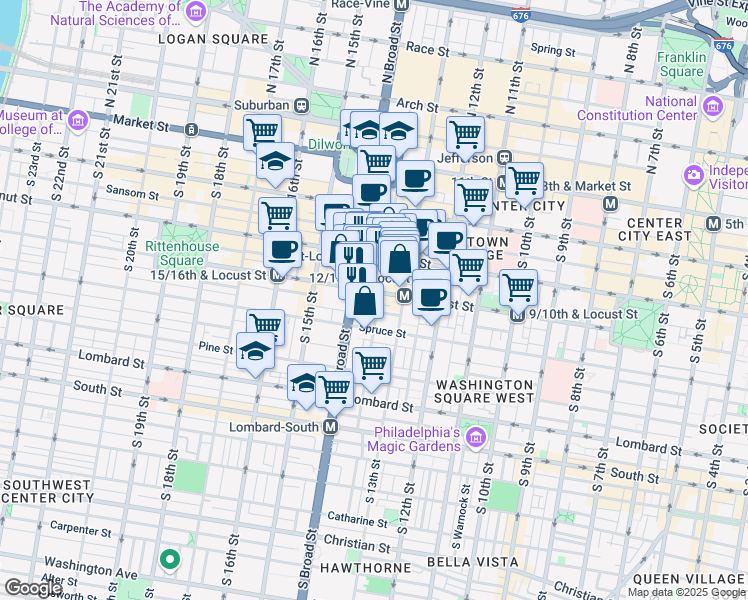 map of restaurants, bars, coffee shops, grocery stores, and more near 1324 Locust Street in Philadelphia