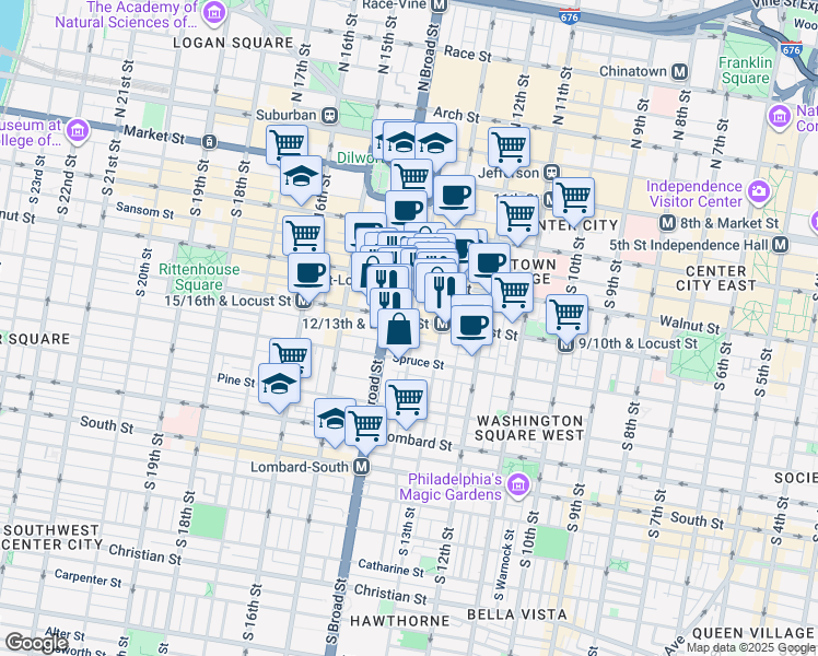 map of restaurants, bars, coffee shops, grocery stores, and more near 1324 Locust Street in Philadelphia