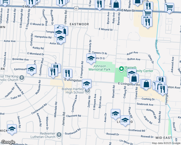 map of restaurants, bars, coffee shops, grocery stores, and more near 1158 South Waverly Street in Columbus
