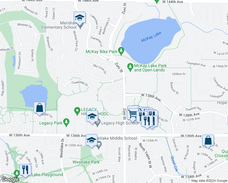 map of restaurants, bars, coffee shops, grocery stores, and more near 13900 Lake Song Lane in Broomfield