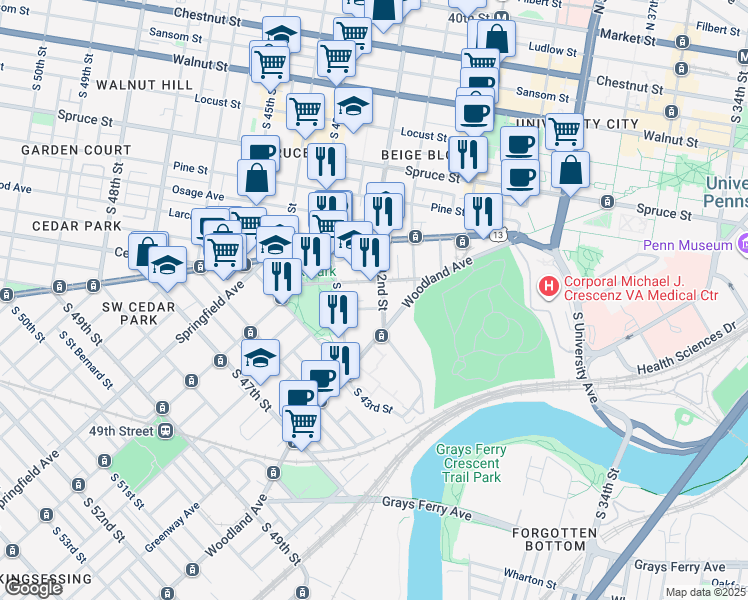 map of restaurants, bars, coffee shops, grocery stores, and more near 620 South 42nd Street in Philadelphia