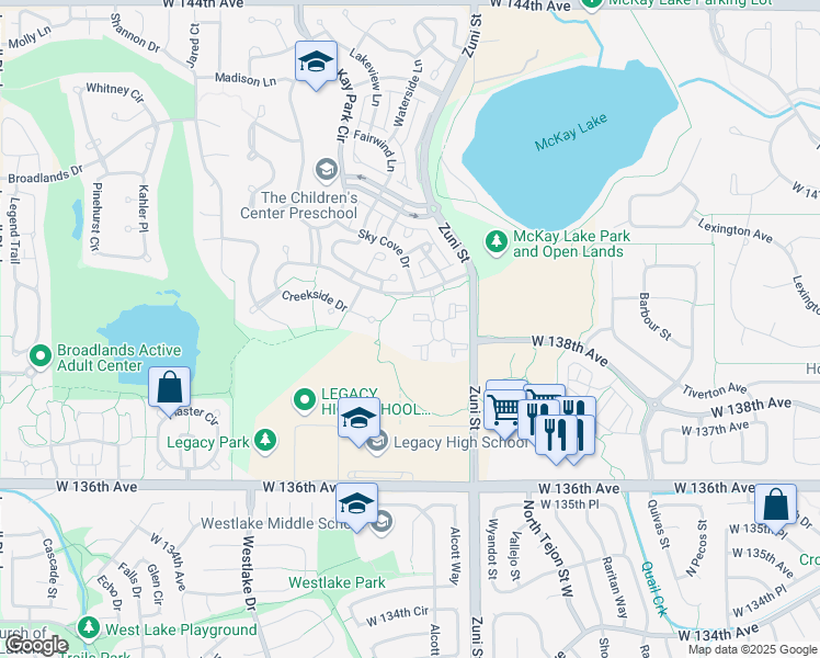 map of restaurants, bars, coffee shops, grocery stores, and more near 13900R Lake Song Lane in Broomfield