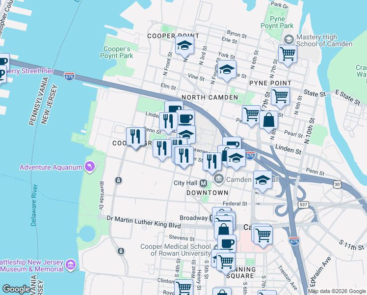 map of restaurants, bars, coffee shops, grocery stores, and more near 214 North 3rd Street in Camden