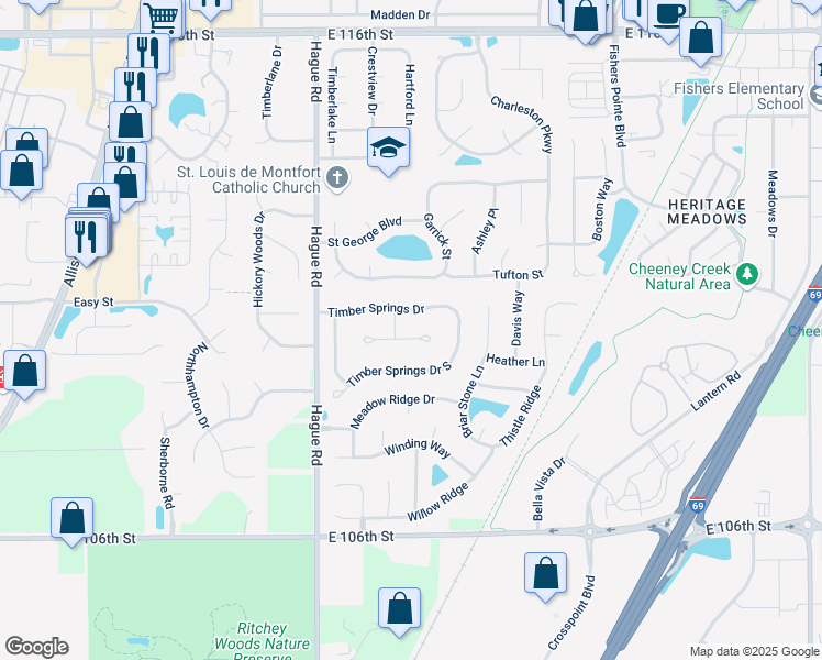 map of restaurants, bars, coffee shops, grocery stores, and more near 7614 Forest Drive in Fishers