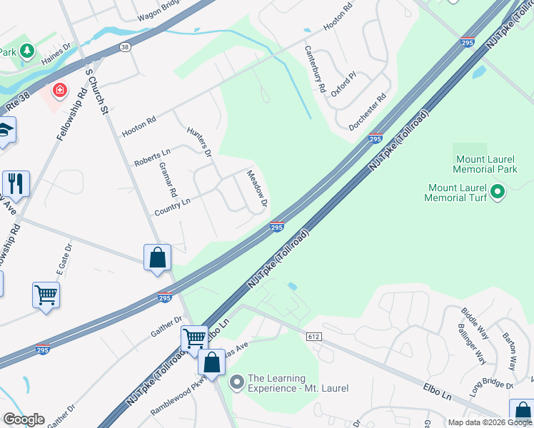 map of restaurants, bars, coffee shops, grocery stores, and more near 216 Meadow Drive in Mount Laurel Township