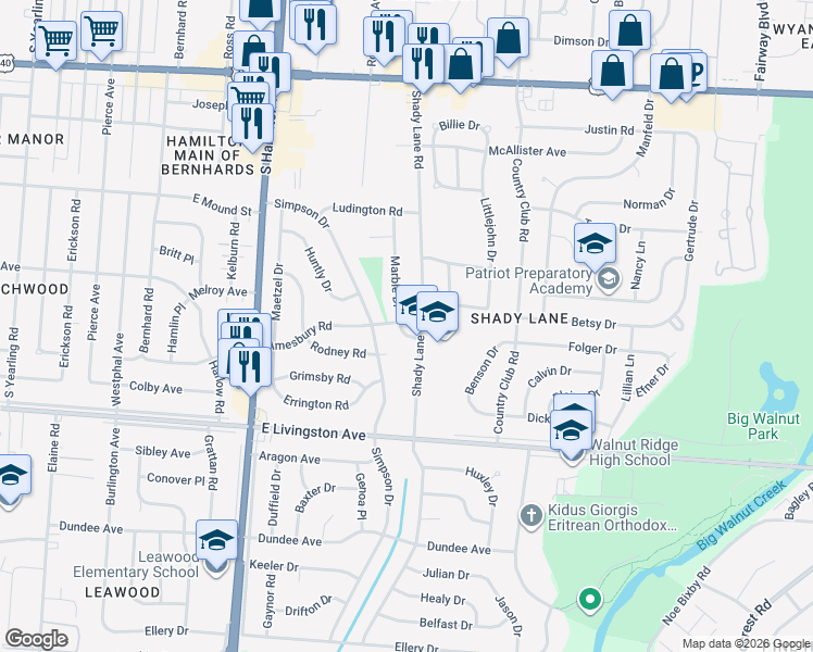map of restaurants, bars, coffee shops, grocery stores, and more near 4657 Amesbury Road in Columbus