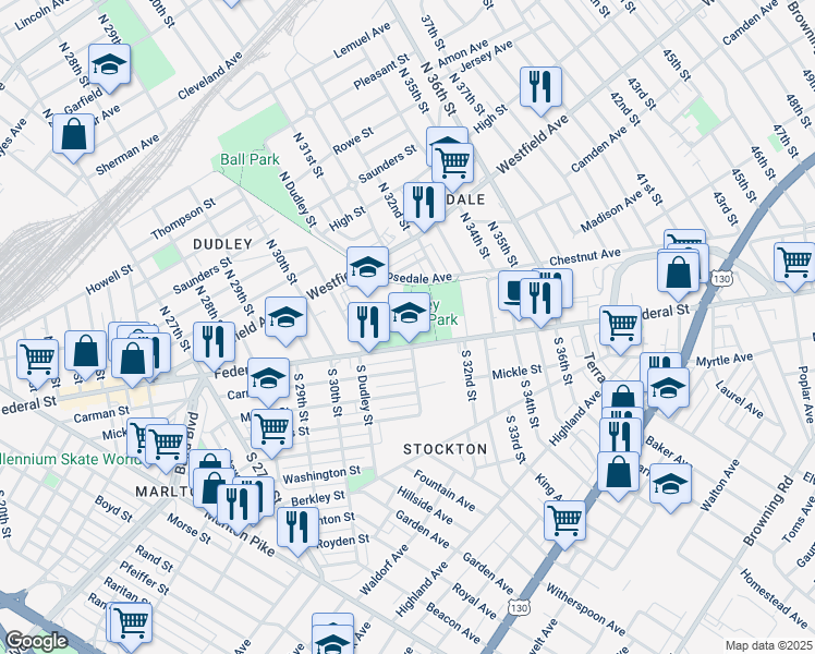 map of restaurants, bars, coffee shops, grocery stores, and more near Dudley Grange Park in Camden