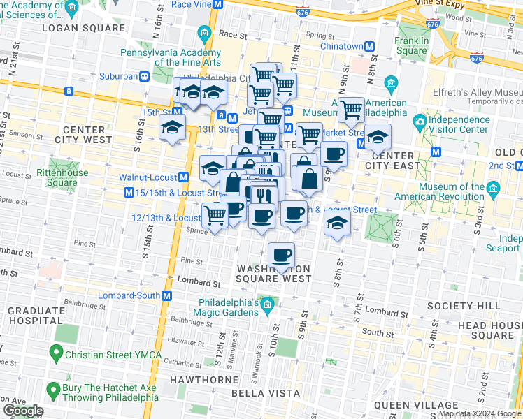 map of restaurants, bars, coffee shops, grocery stores, and more near 1101 Locust Street in Philadelphia