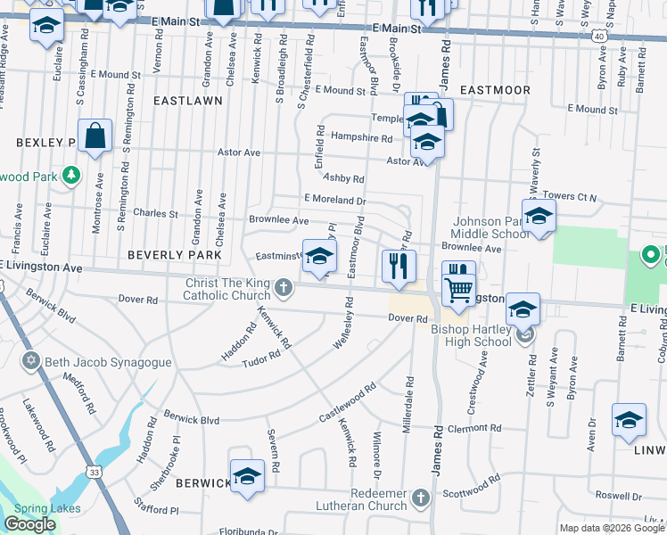 map of restaurants, bars, coffee shops, grocery stores, and more near 1101 Eastmoor Boulevard in Columbus