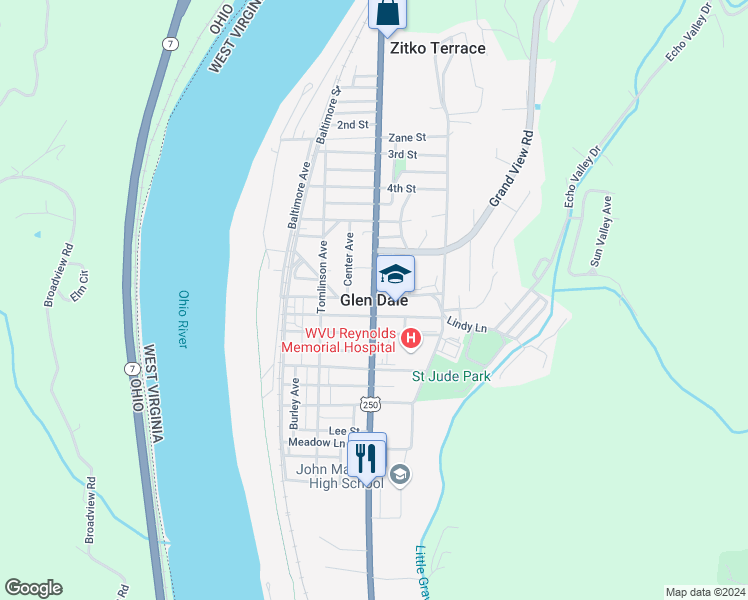 map of restaurants, bars, coffee shops, grocery stores, and more near in Glen Dale