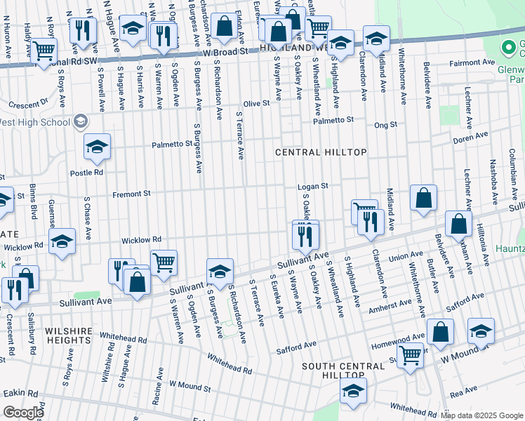 map of restaurants, bars, coffee shops, grocery stores, and more near 361 South Eureka Avenue in Columbus
